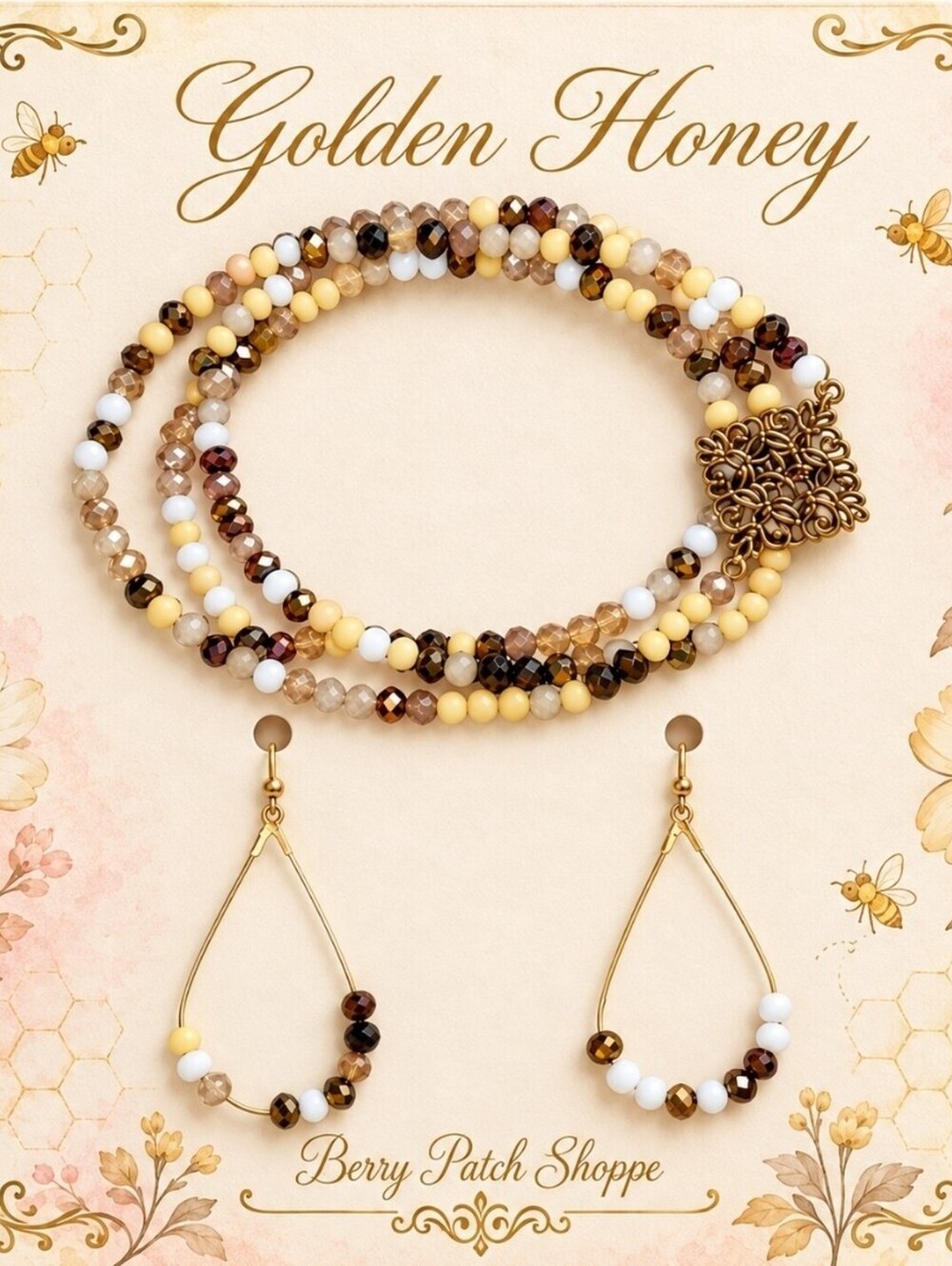 Boho Chic Bronze Taupe Golden Honey Teardrop Earrings & Stackable Bracelets
